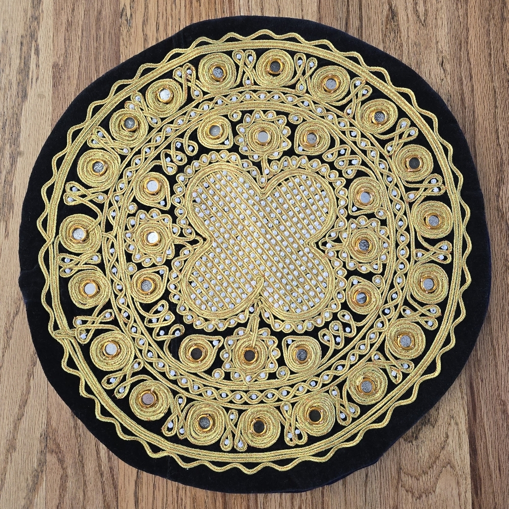 Vintage Persian/Moroccan Handmade Beaded Round Gold Pillow Case 15.5 Inch Decor